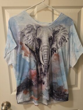 Big Bang USA Rhinestone Elephant Tee in Light Blue